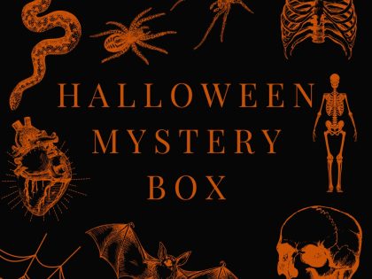 Halloween Mystery Box with orange text and spooky illustrations of skeletons, bats, and skulls.